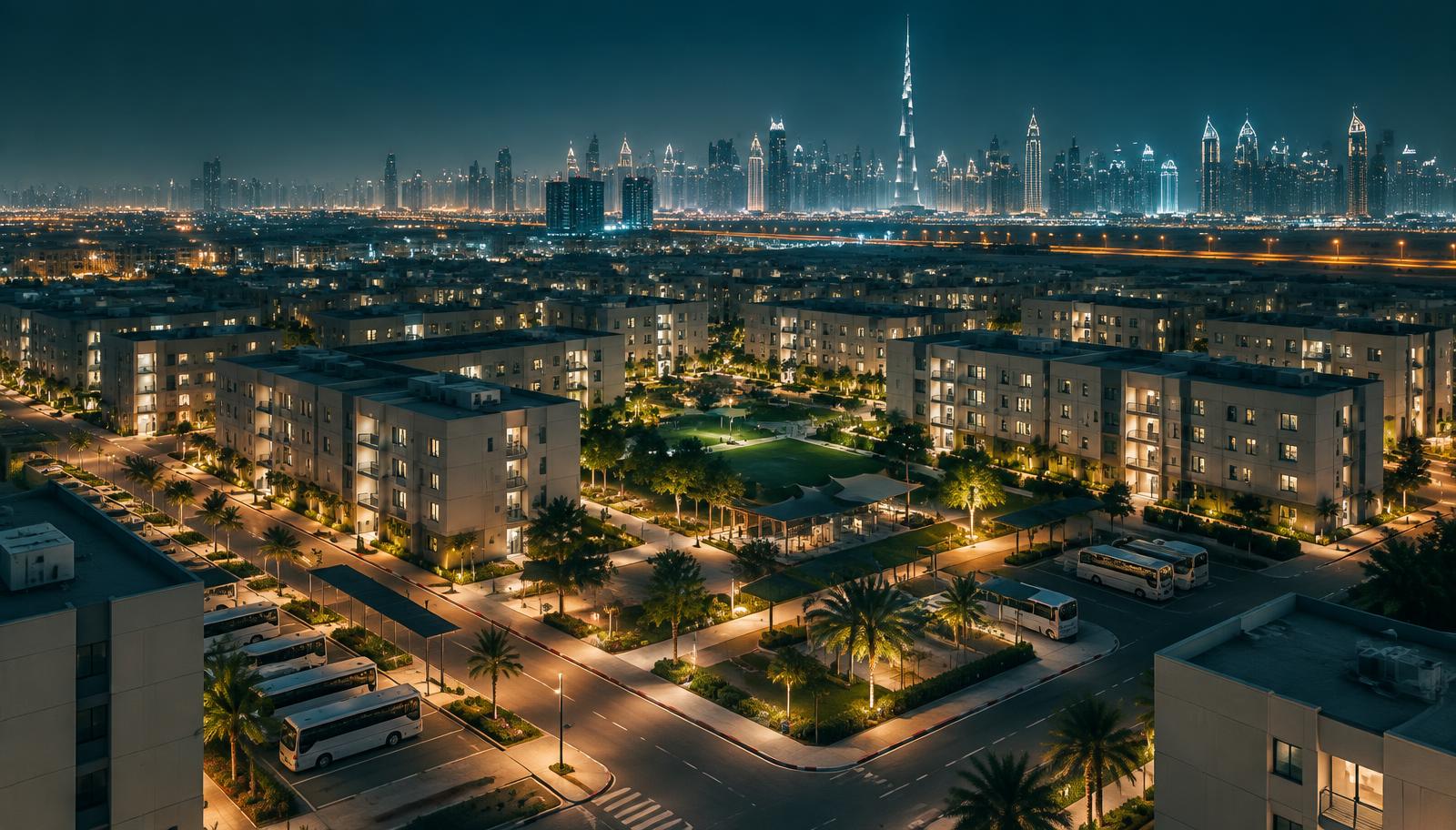 Worker accommodation village in Dubai at night