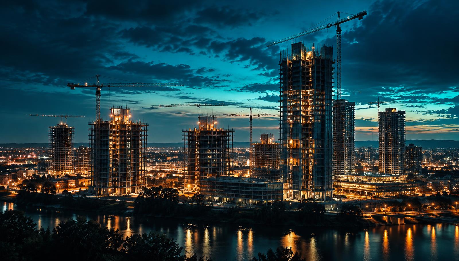 Dubai construction skyline at blue hour